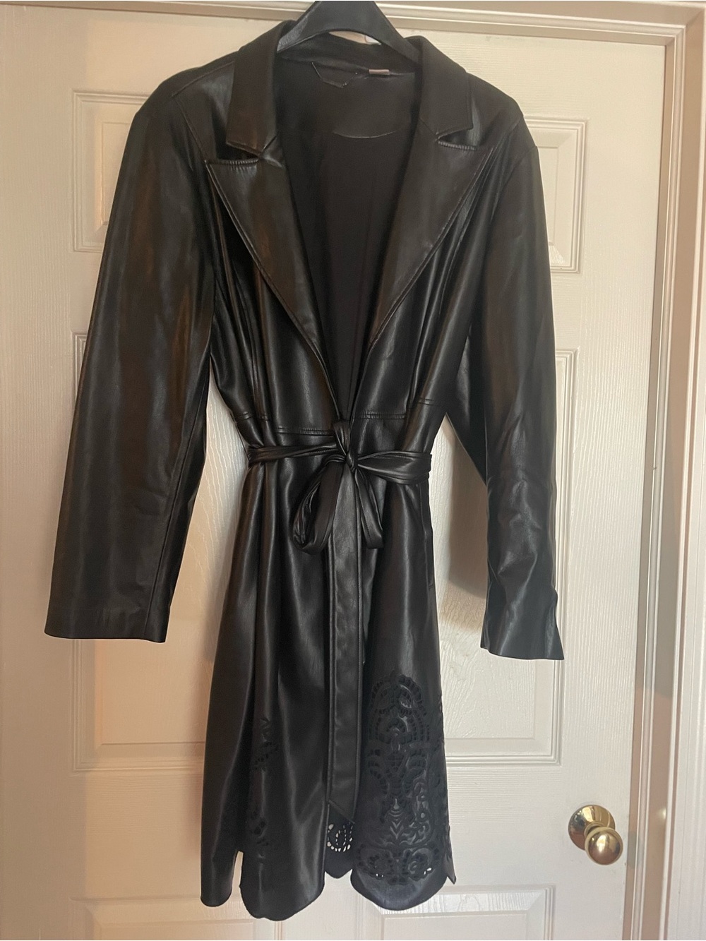 Chico’s Black Faux Leather Laser-Cut Eyelet Belted Trench Coat